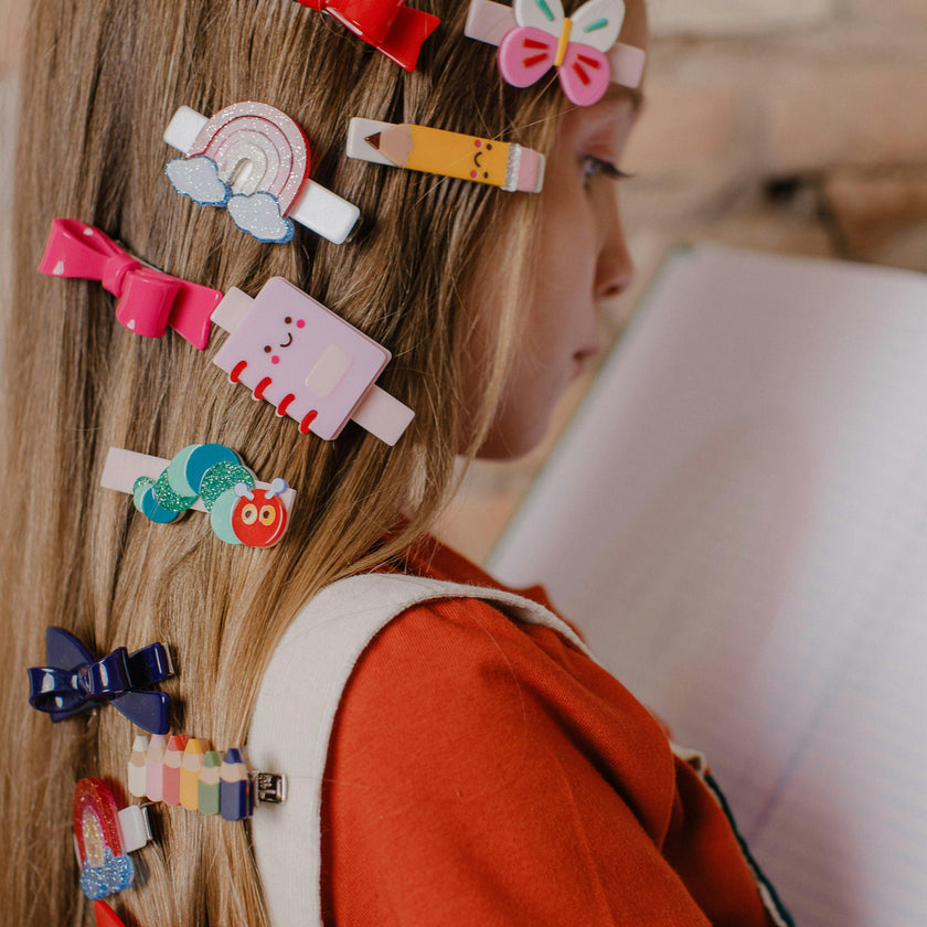 Pencils Colorful Navy Bow Hair Clips