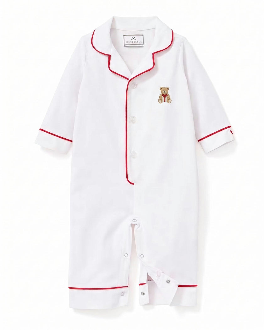 Maisonette x Petite Plume Twill Romper, Merry Teddy