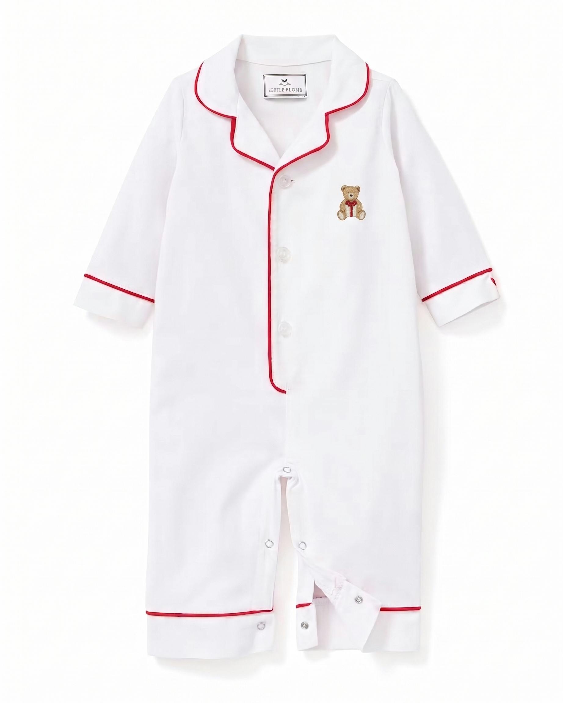 Maisonette x Petite Plume Twill Romper, Merry Teddy