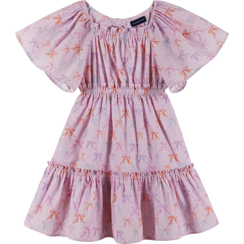 Girls Flutter Sleeve Seersucker Dress | Pink Bow