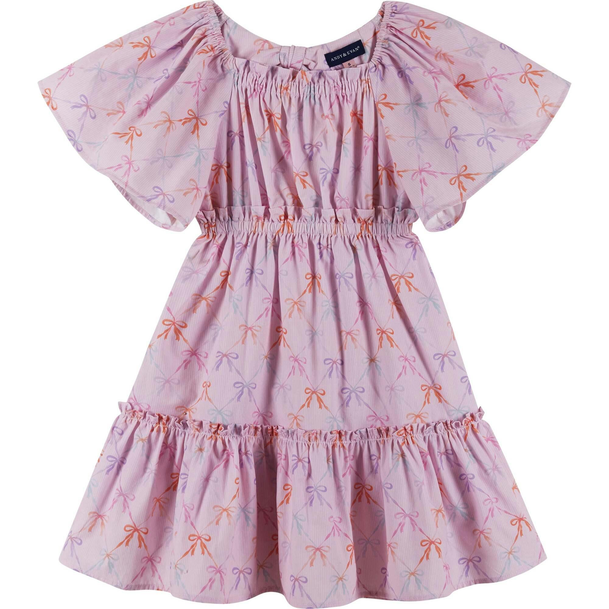 Girls Flutter Sleeve Seersucker Dress | Pink Bow