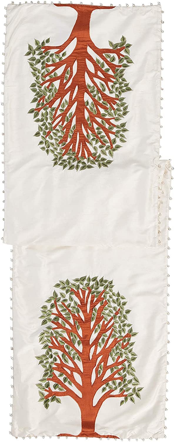 Handmade Ivory Silk Table Runner Tree of Life Embroidery and Hand Beading - 18"x72"