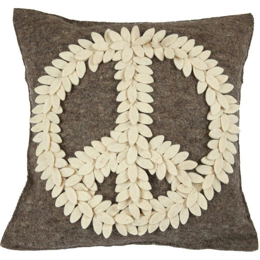 Hand Felted Wool Pillow Cover, Cream Peace Sign Gray, 20"