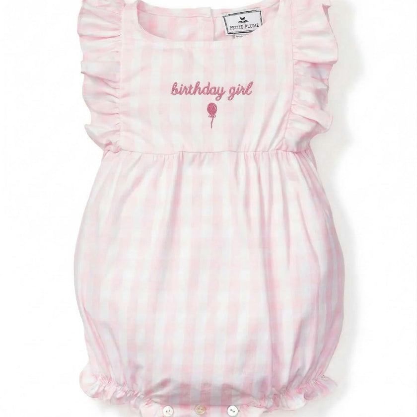 Baby's Twill Pink Gingham Romper 'Birthday Girl'