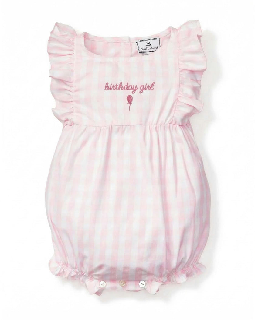 Baby's Twill Pink Gingham Romper 'Birthday Girl'