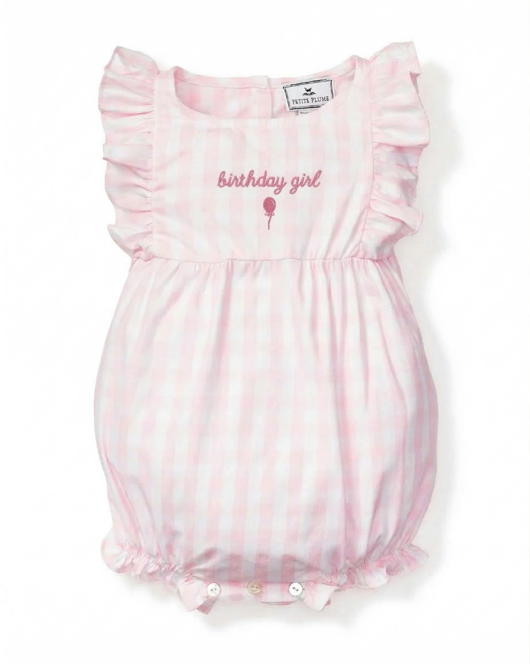 Baby's Twill Pink Gingham Romper 'Birthday Girl'