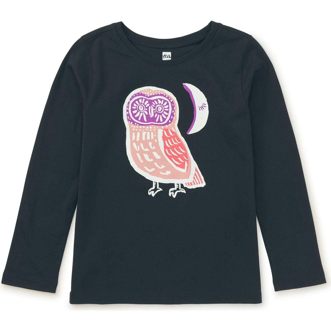 Cute Hoot Glow Graphic Print Long Sleeve T-Shirt, Black