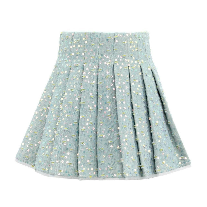 Confetti Denim Sequin Pleated Skirt