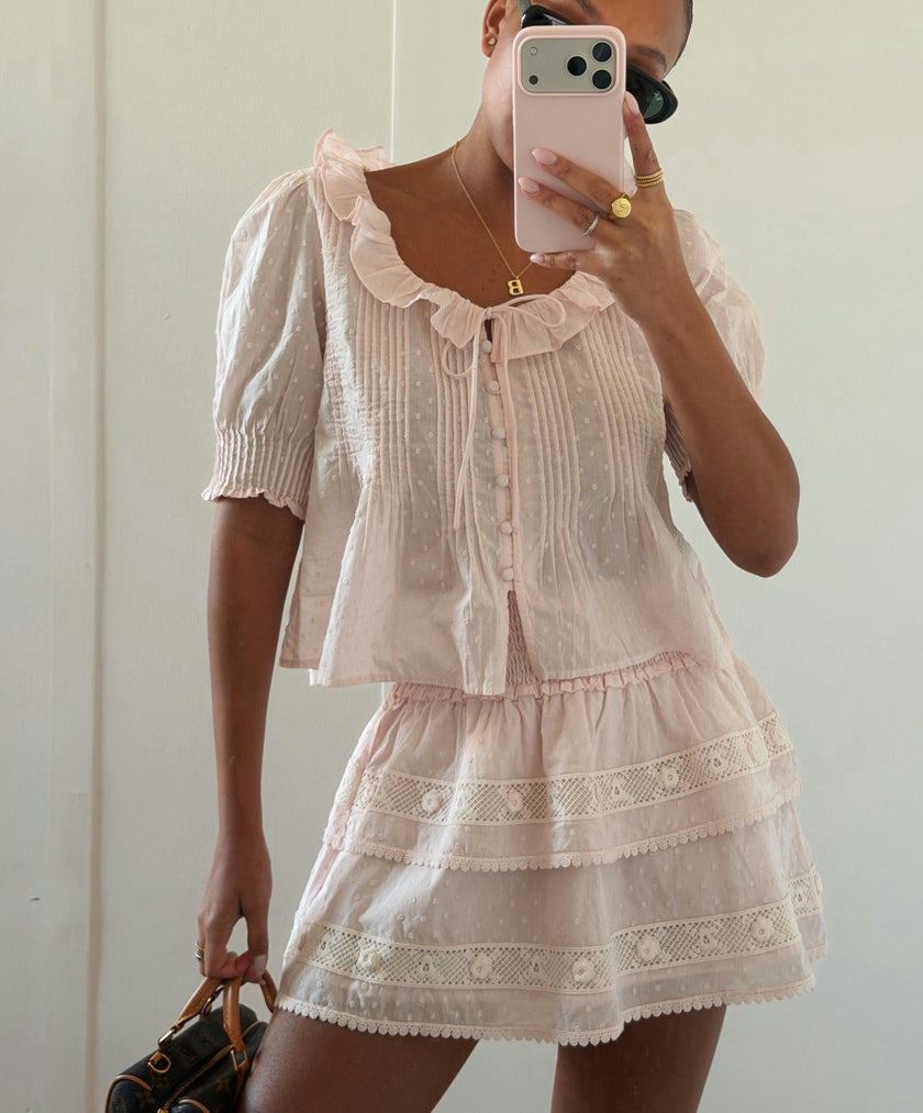 The Meena Skirt - Powder Pink Swiss Dot