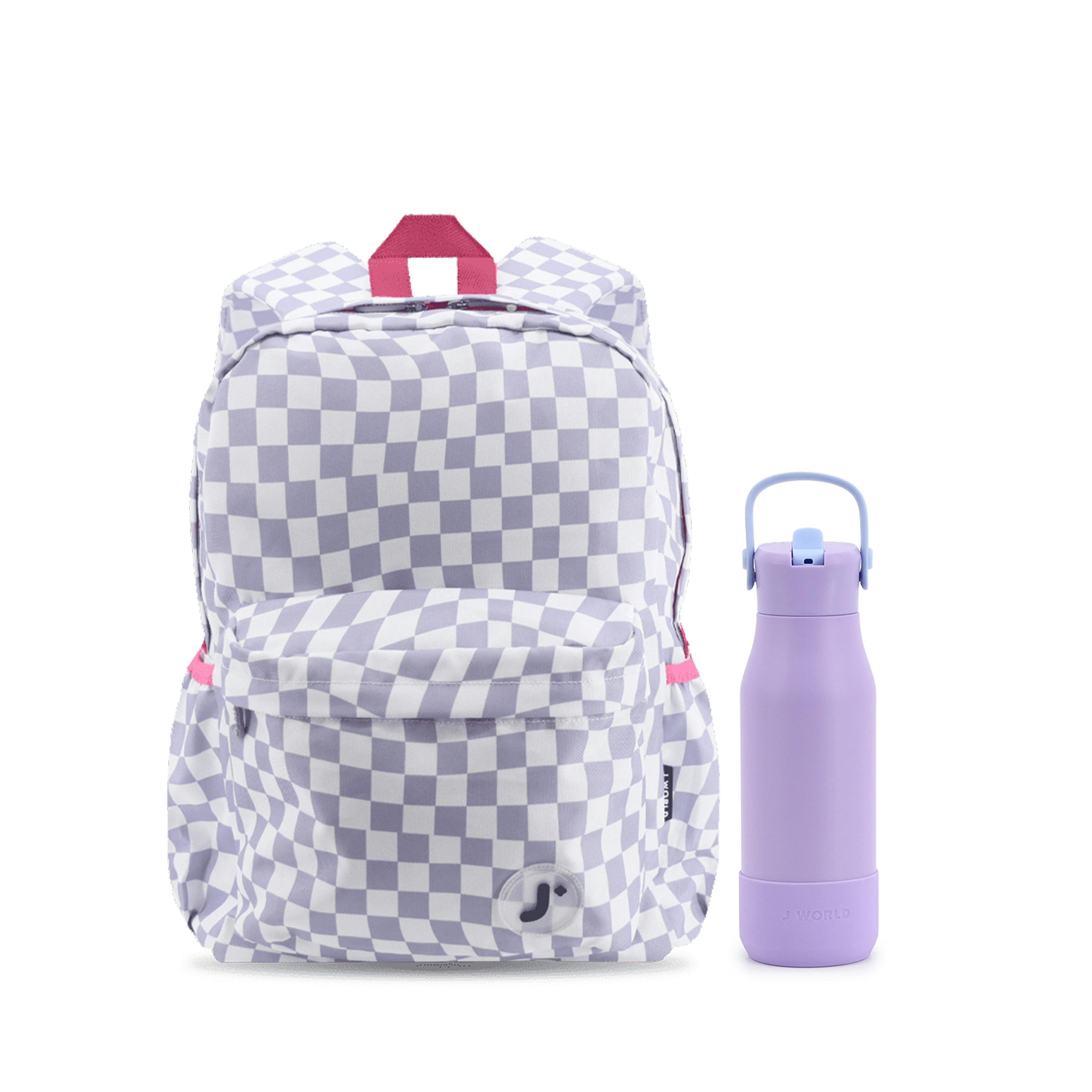 Oz Daypack Backpack with 22oz Flowee Water Bottle in Lavender Checkers