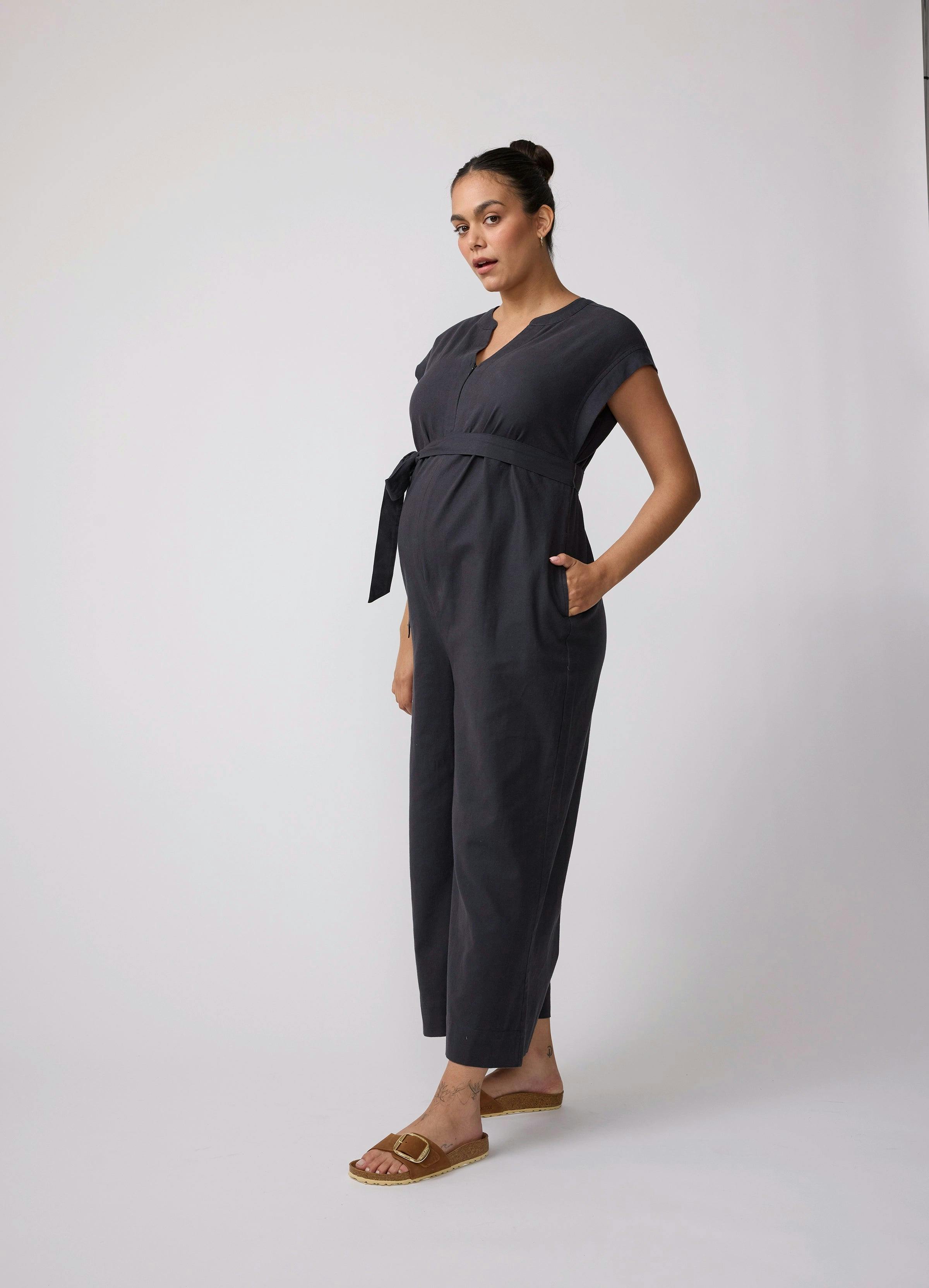 Short Sleeve Wide Leg Linen Maternity Jumpsuit