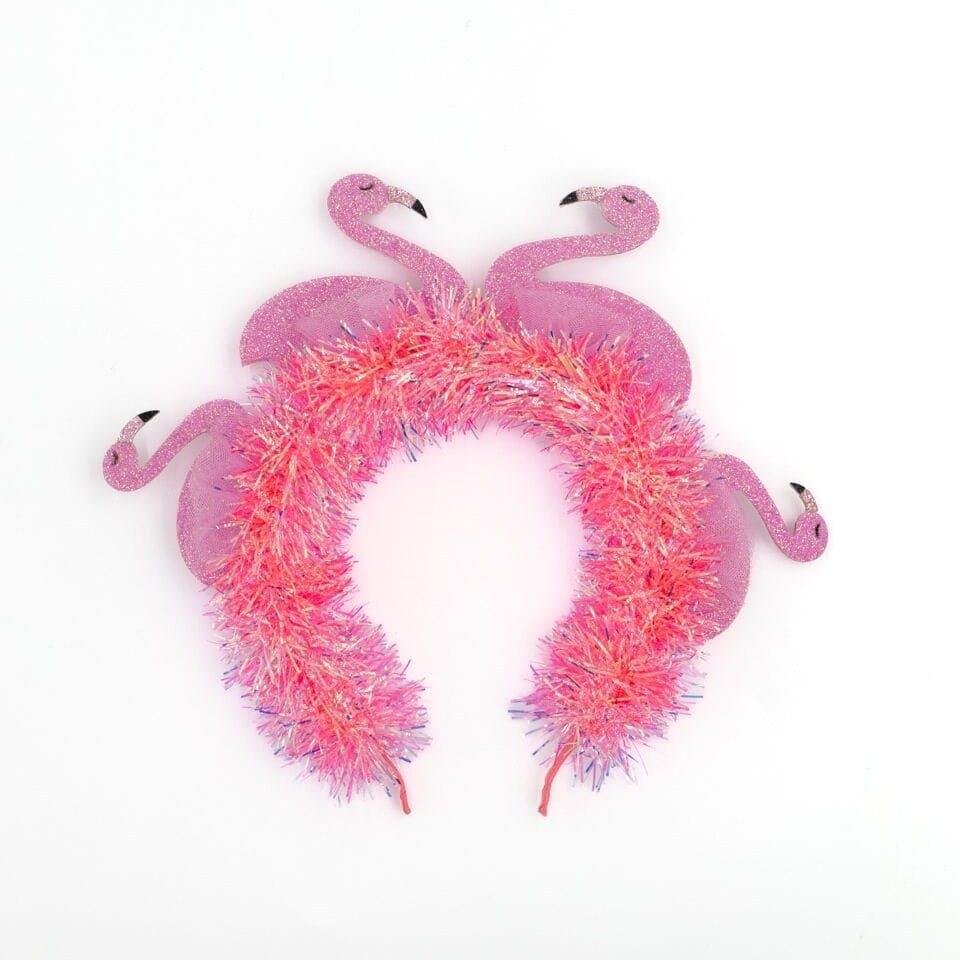Packed Party Flamingo Party Novelty Headband - Pink Tinsel with 3D Glitter Flamingos for Beach, Pool, and Bachelorette Parties, 8.5x9.5 Inch, One Size