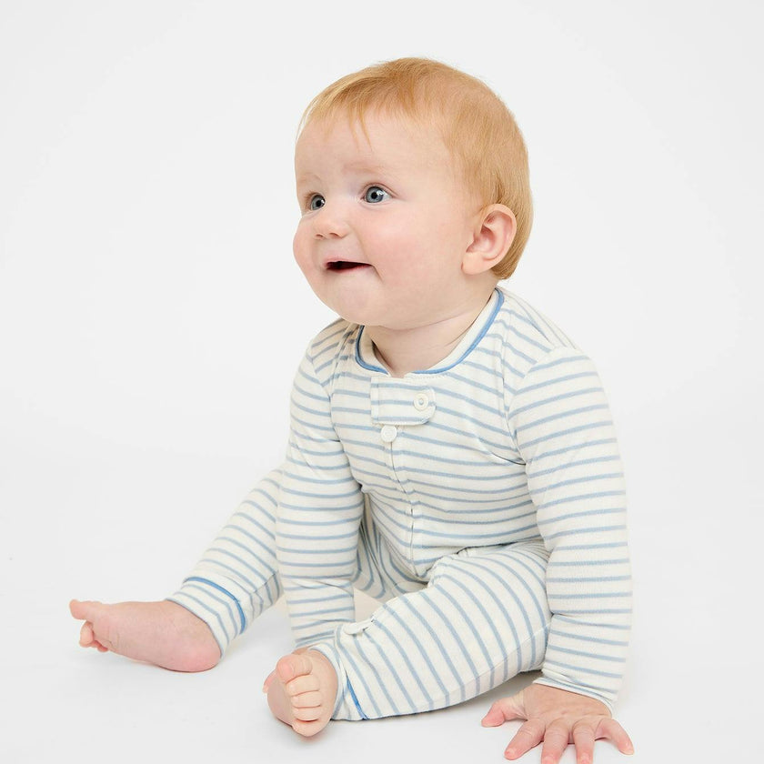Ziggy Zip Romper, Dusty Blue Mini Stripe