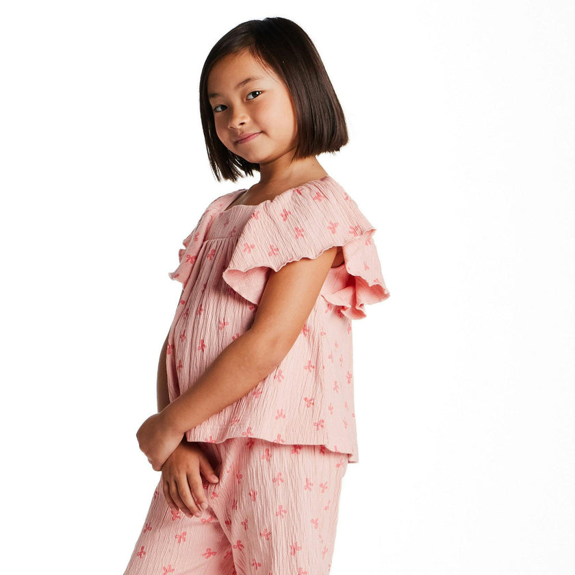 Girls Knit Seersucker Top & Pant Set | Pink Bow Print
