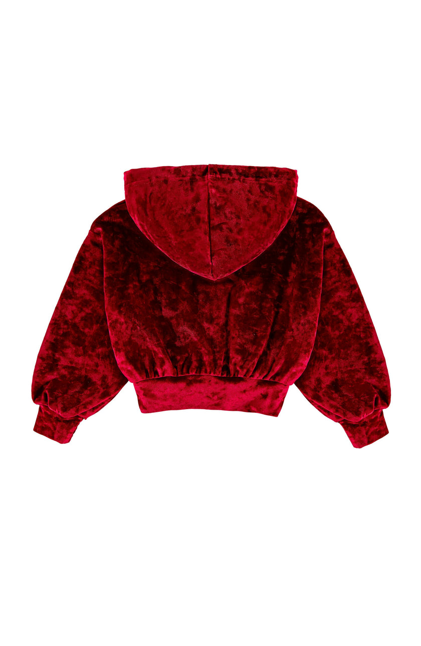Velvet Zip Hoodie with Embroidered Hearts, Red