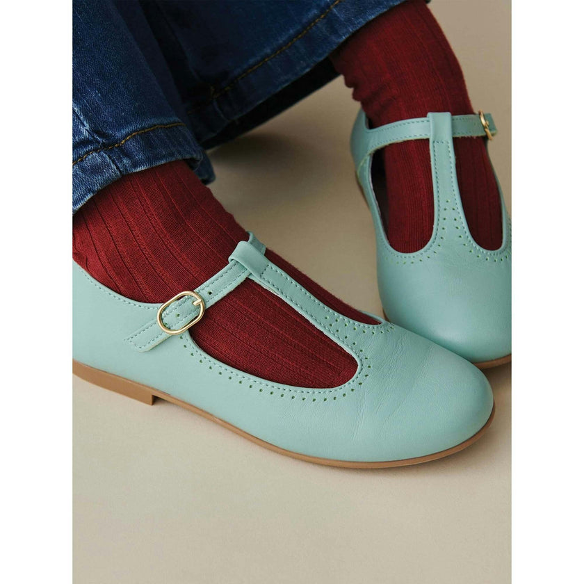 Pale Green Leather Girl T-Bar Shoes