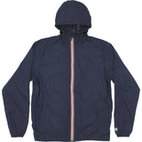 Navy full zip packable rain jacket and windbreaker