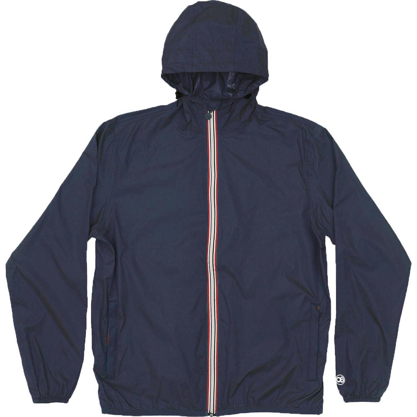 Navy full zip packable rain jacket and windbreaker