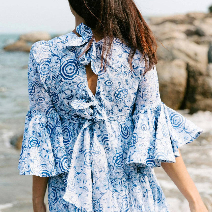 Block Printed Women's Dress - Blue Floral