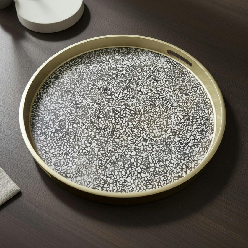 Handmade Reverse Painted Mirror Round Tray Terrazzo