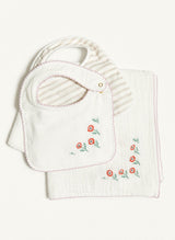 Baby Bibs & Shawl Blanket Set - Poppy Embroidered and Sand Striped