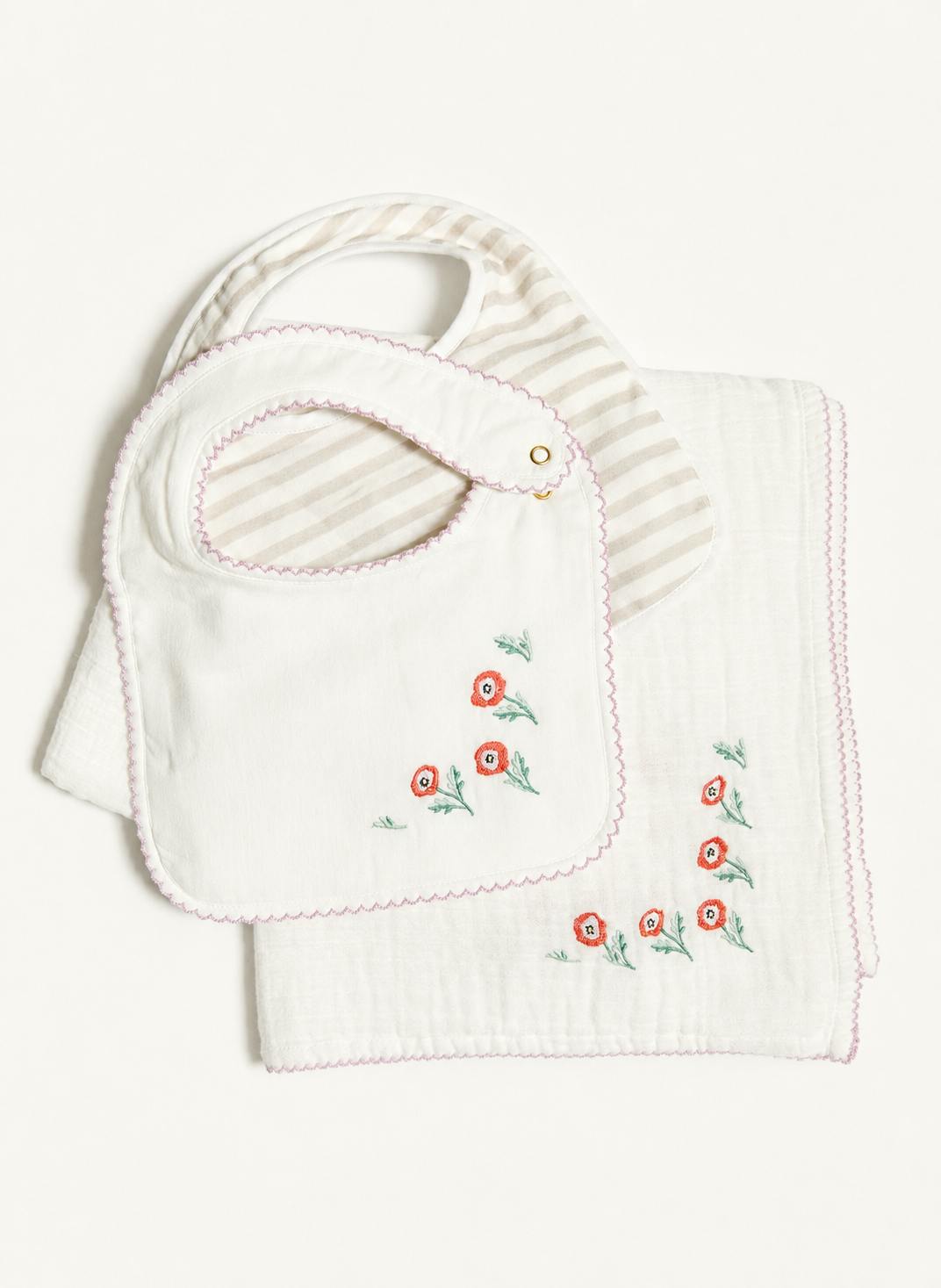 Baby Bibs & Shawl Blanket Set - Poppy Embroidered and Sand Striped