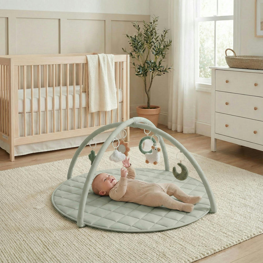 Beautiful Baby Play Gym - Soft Cotton Mat with 6 Cute Toys Creates The Perfect Activity Area for Your Girl/Boy - Stylish Infant Floor Playmat for Playroom