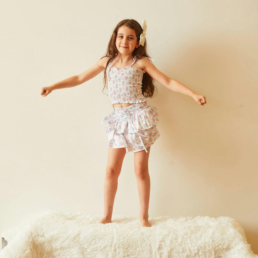 Georgia Romantic Rose White With Pink Satin Smocked Top