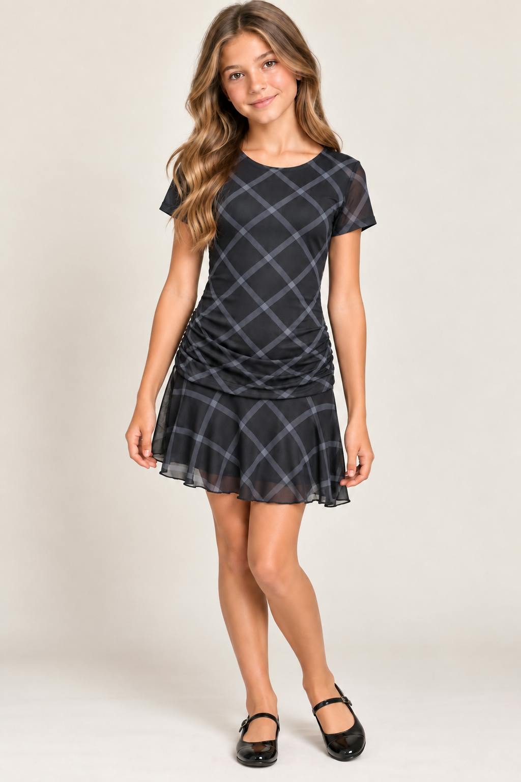 Girls Short Sleeve Sofia Mesh Diamond Dress