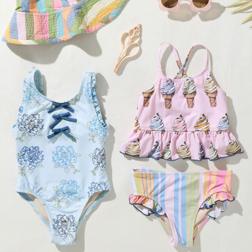 Girls Sylvie Bow Suit - Blue Quilt Floral