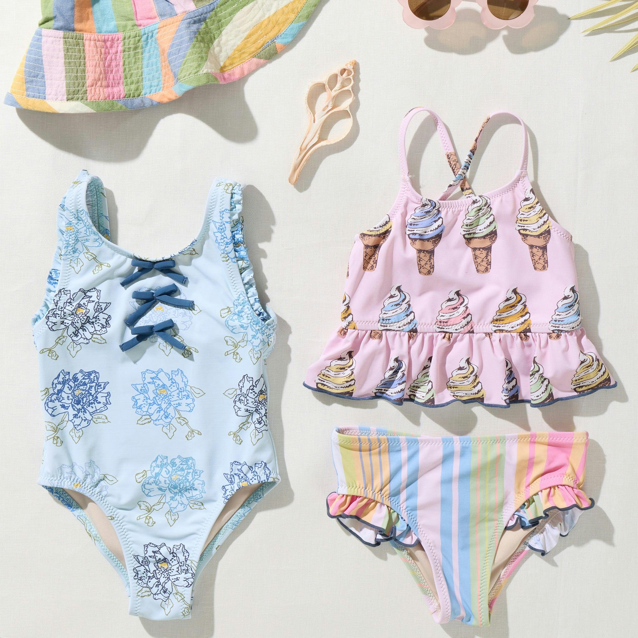 Girls Sylvie Bow Suit - Blue Quilt Floral