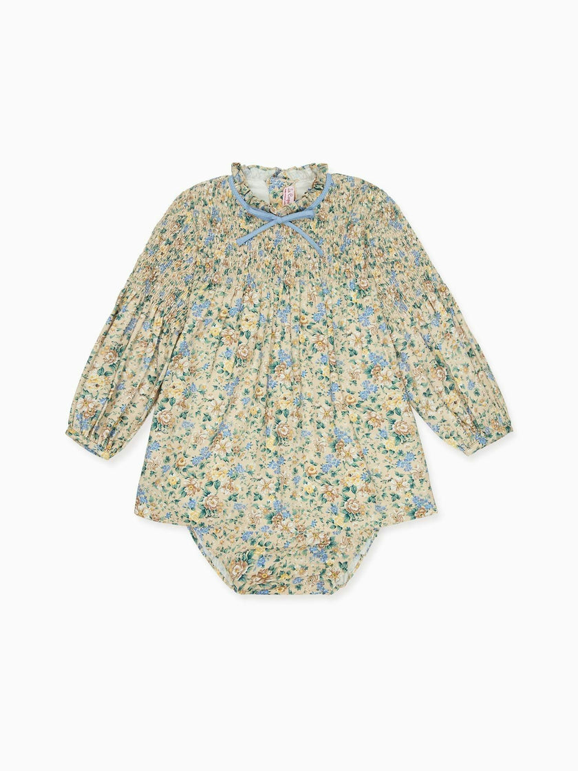 Beige Floral Raya Baby Girl Hand-Smocked Set