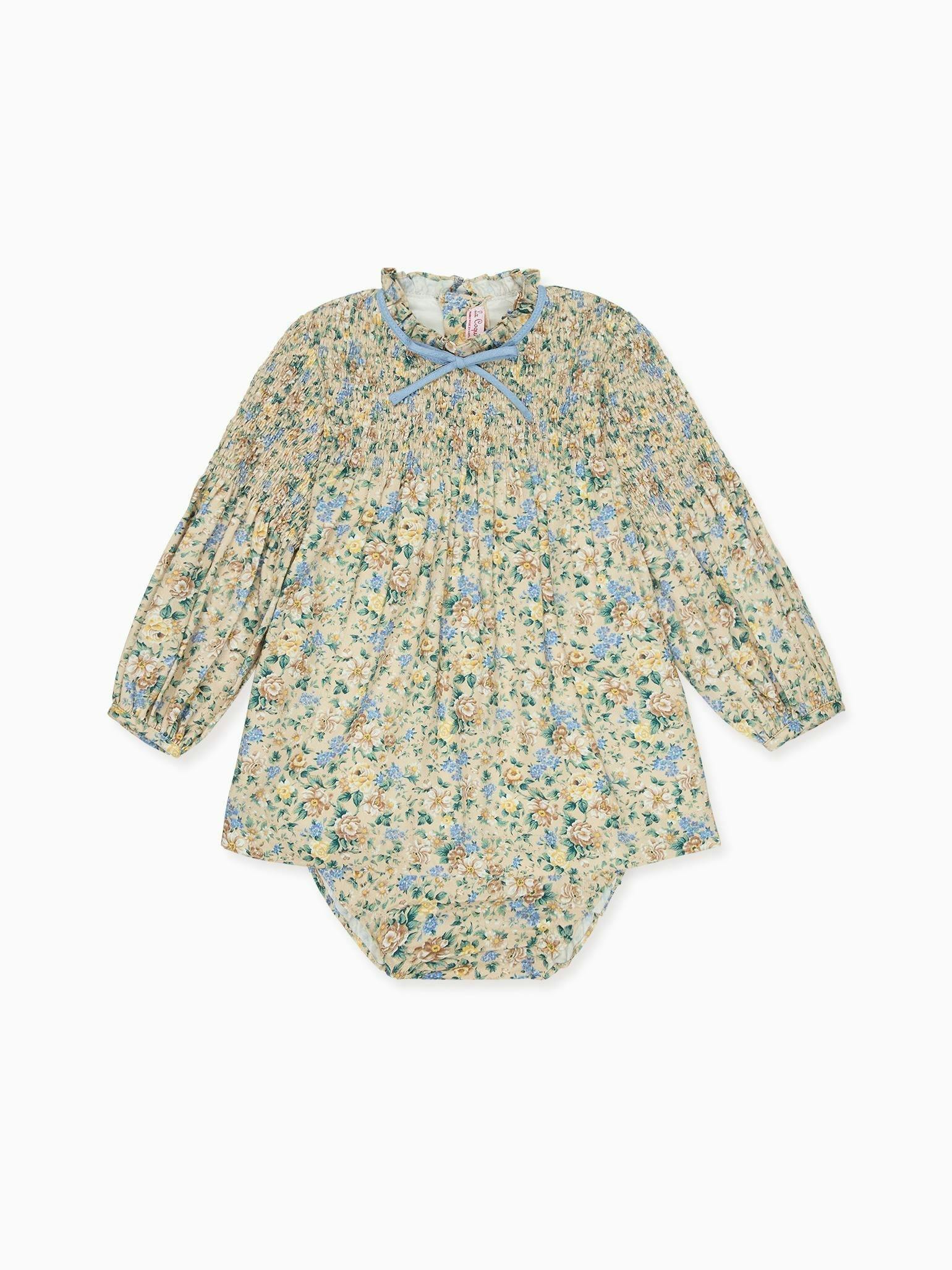 Beige Floral Raya Baby Girl Hand-Smocked Set