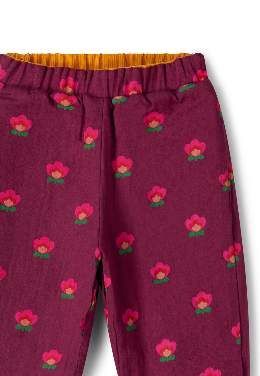 Pink Flowers Reversible Pull On Trousers, Purple
