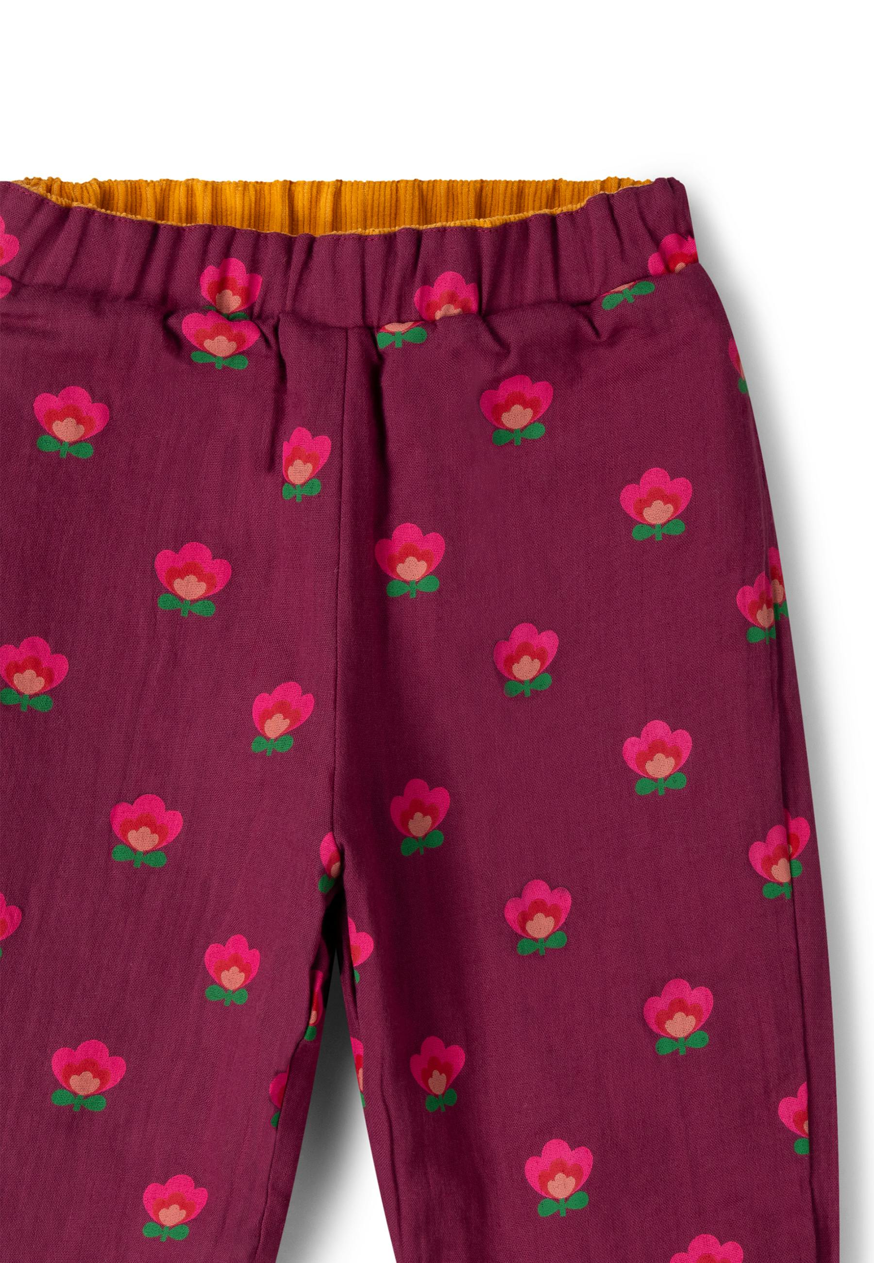 Pink Flowers Reversible Pull On Trousers, Purple