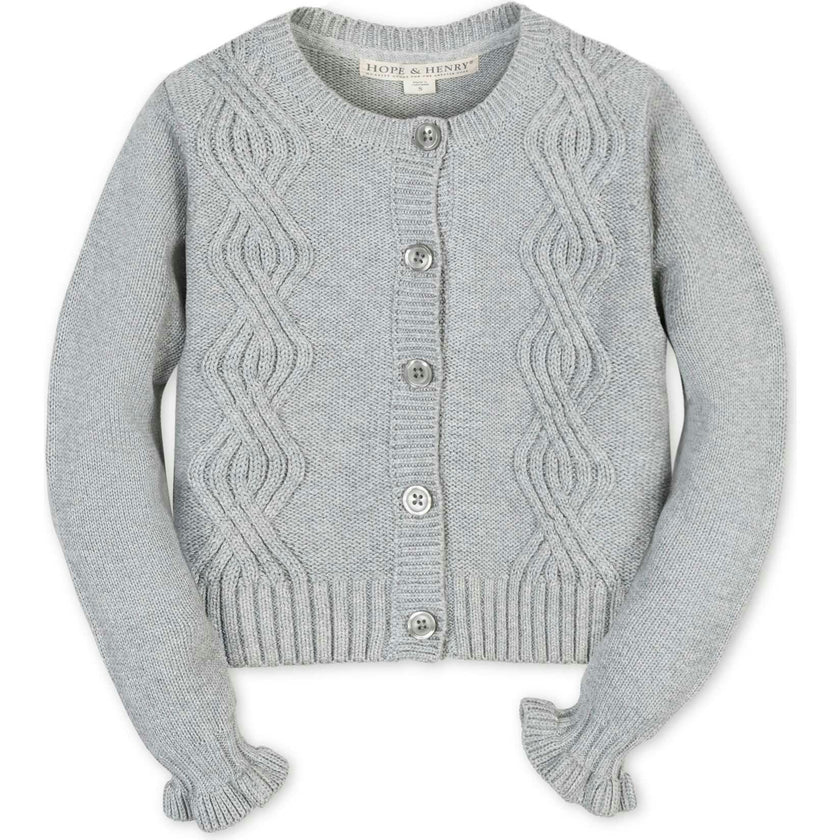 Organic Cropped Ruffle Cuff Cable Sweater Cardigan, Grey