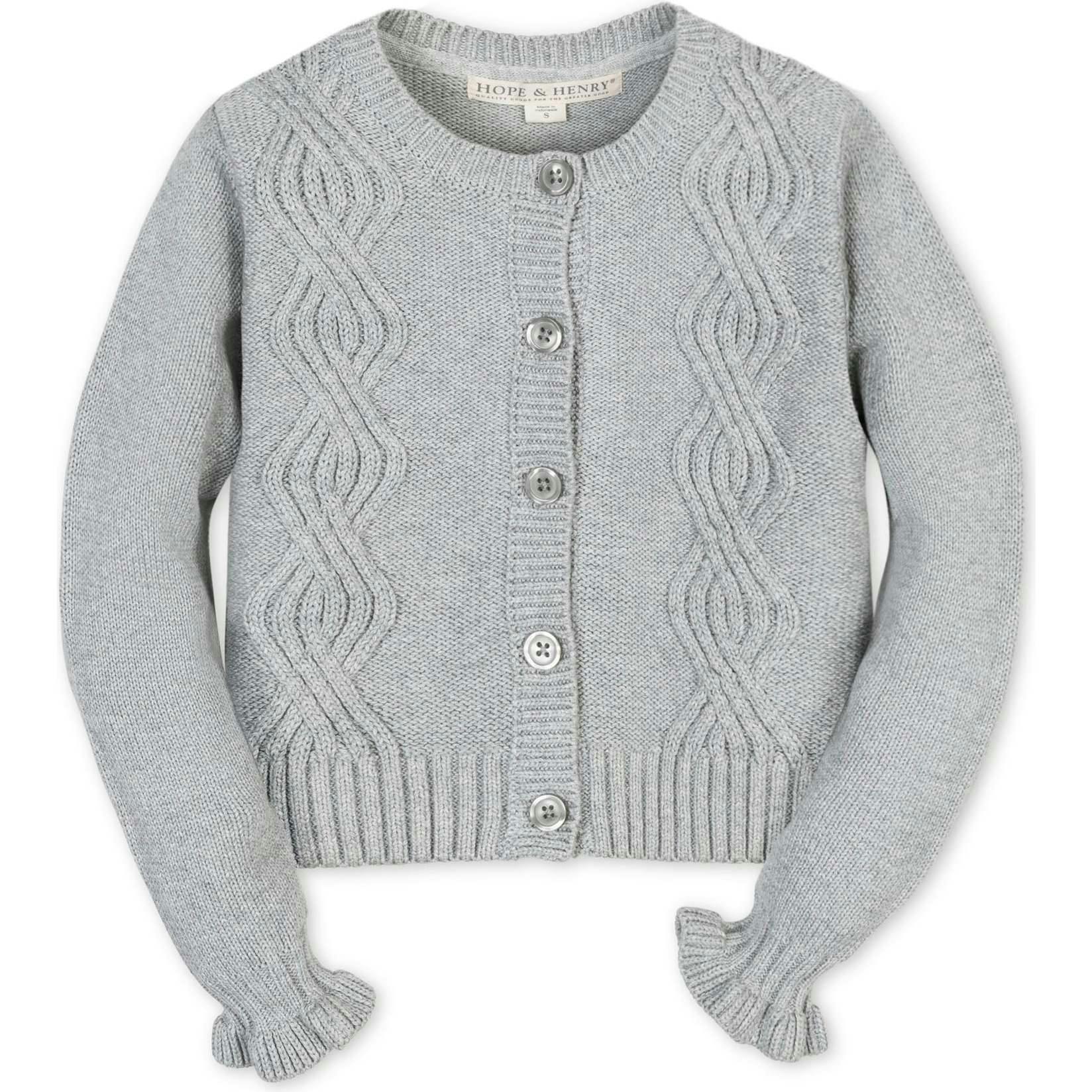 Organic Cropped Ruffle Cuff Cable Sweater Cardigan, Grey