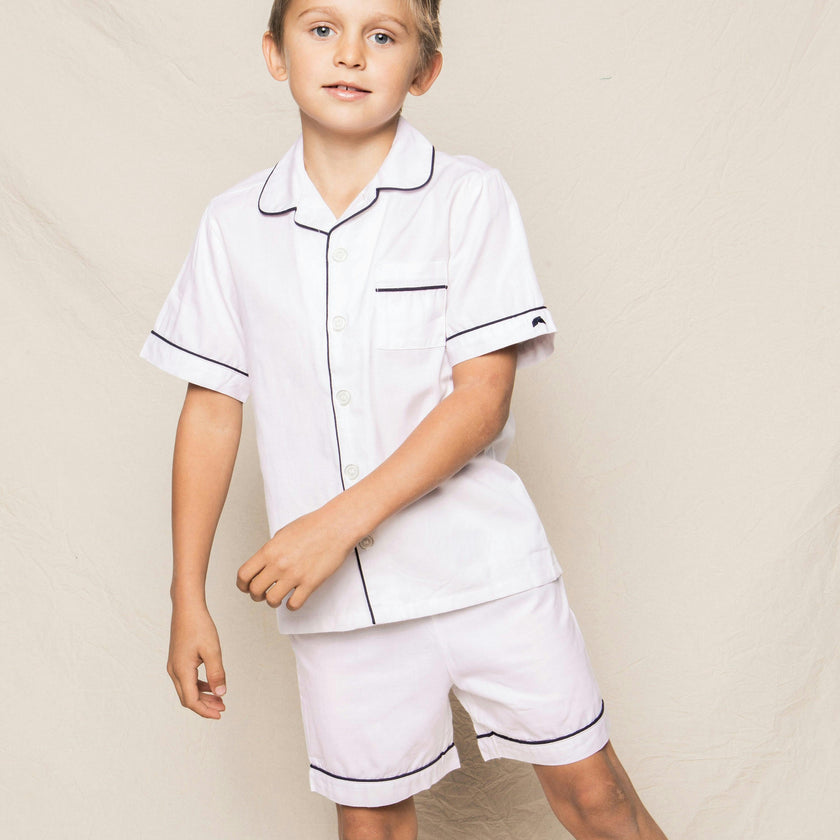 Kid's Twill Pajama Short Set in White with Navy Piping