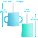PopYum Silicone Training Cup with Straw Lid, 2-Pack for Baby, Infant and Toddler, Tumbler, Sippy, handles, 5 ounce (blue, green)