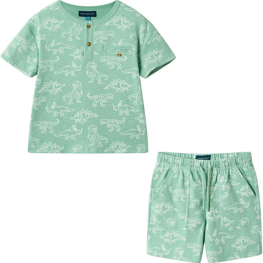 Boys Printed Henley Set | Green Dino