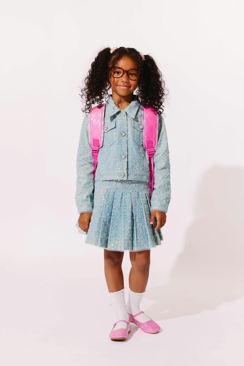 Confetti Denim Sequin Pleated Skirt