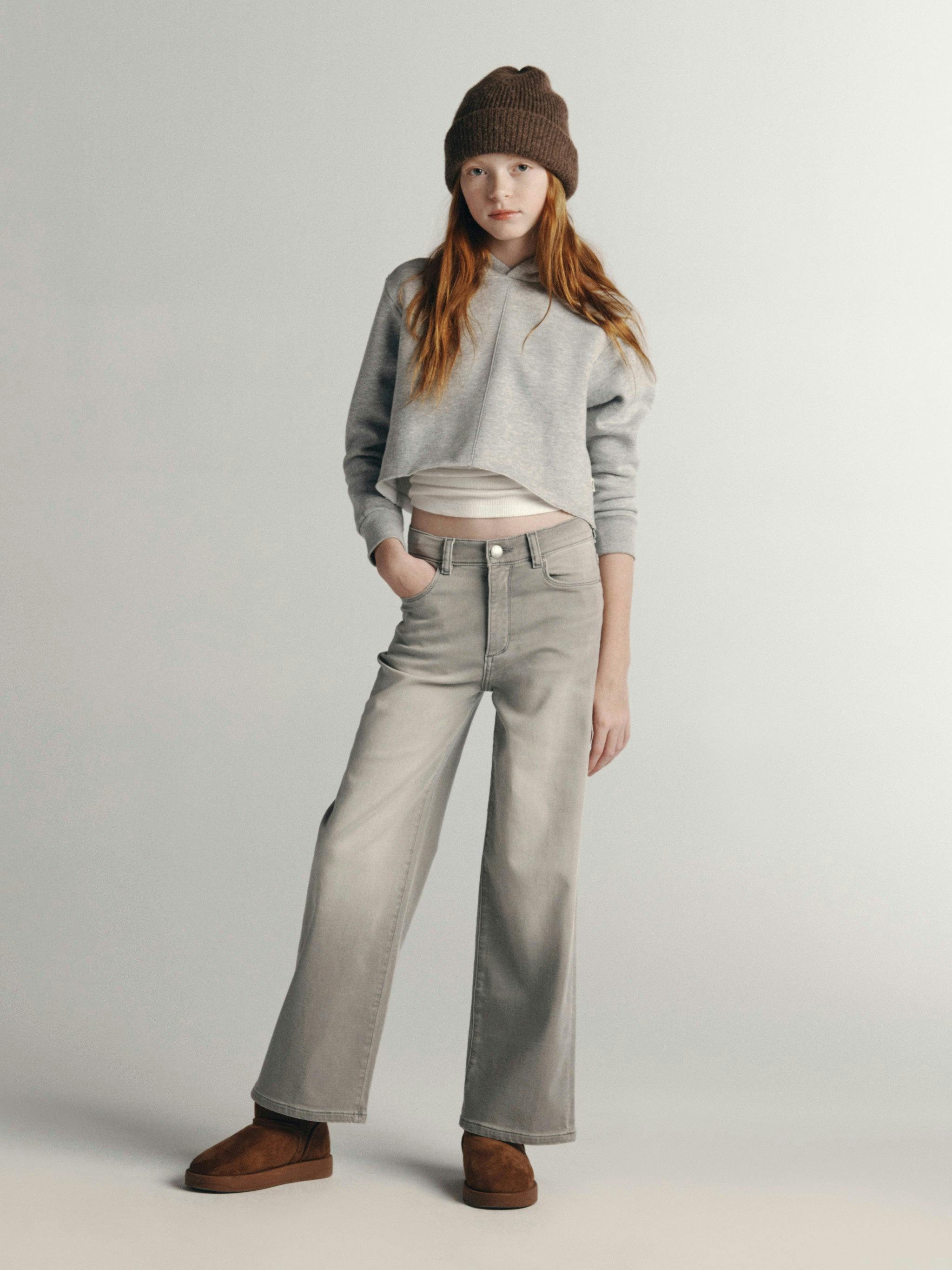 Lily Wide Leg Knit Denim Jeans | Washed Grey Knit
