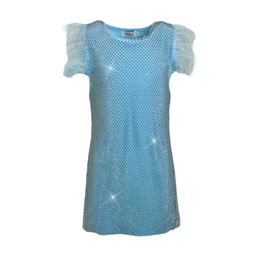 Crystal Feather Trim Sleeve Shimmer Sequin Dress