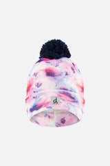 Winter Knit Hat With Pompom Mauve Printed Flowers