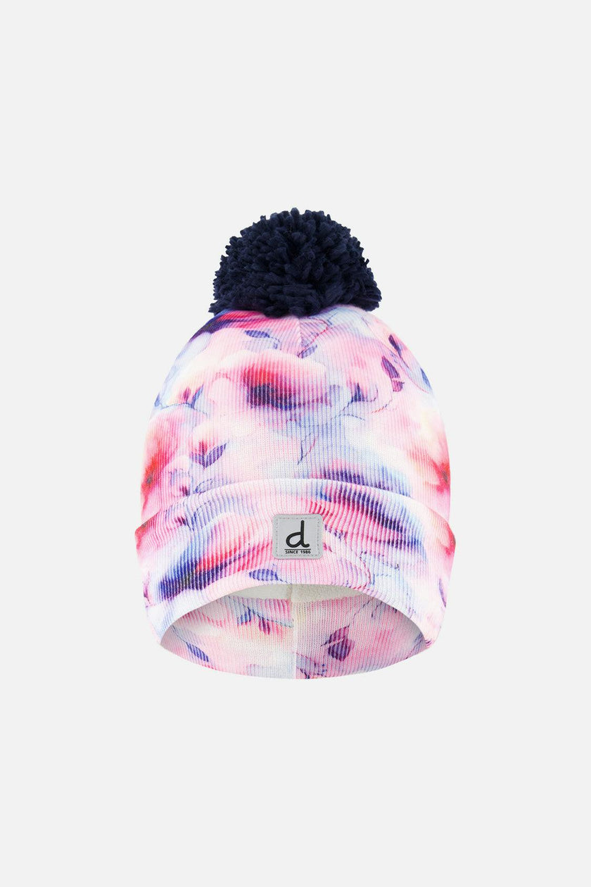 Winter Knit Hat With Pompom Mauve Printed Flowers