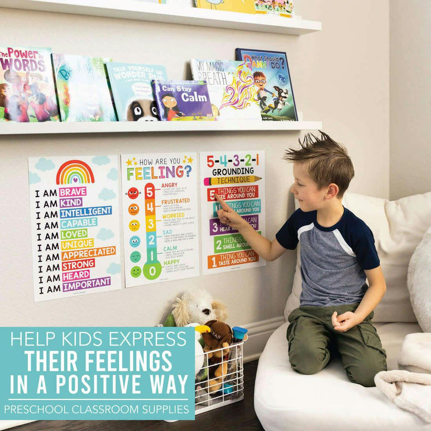 16-Piece Laminated Colorful Prek & Kindergarten Posters & 8-Piece Calming Corner Posters