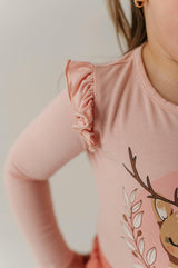 Girls Long Sleeve Ruffle Top in Reindeer on Holiday Blush