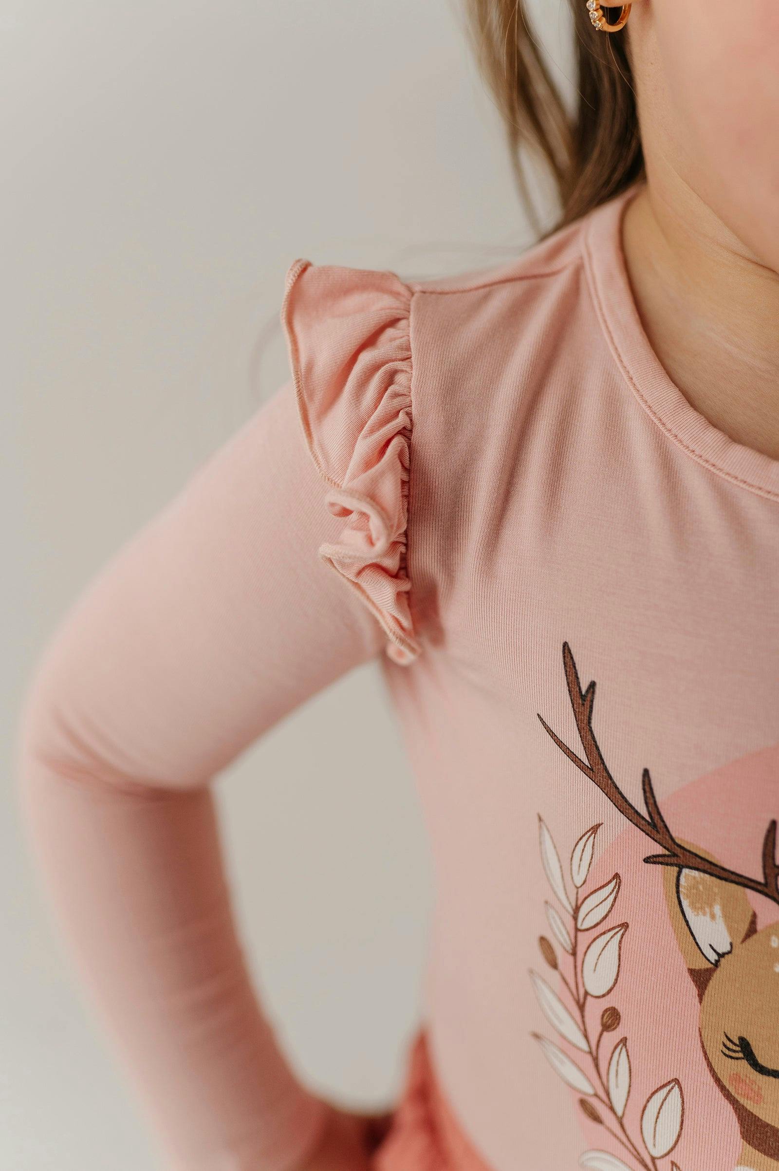 Girls Long Sleeve Ruffle Top in Reindeer on Holiday Blush