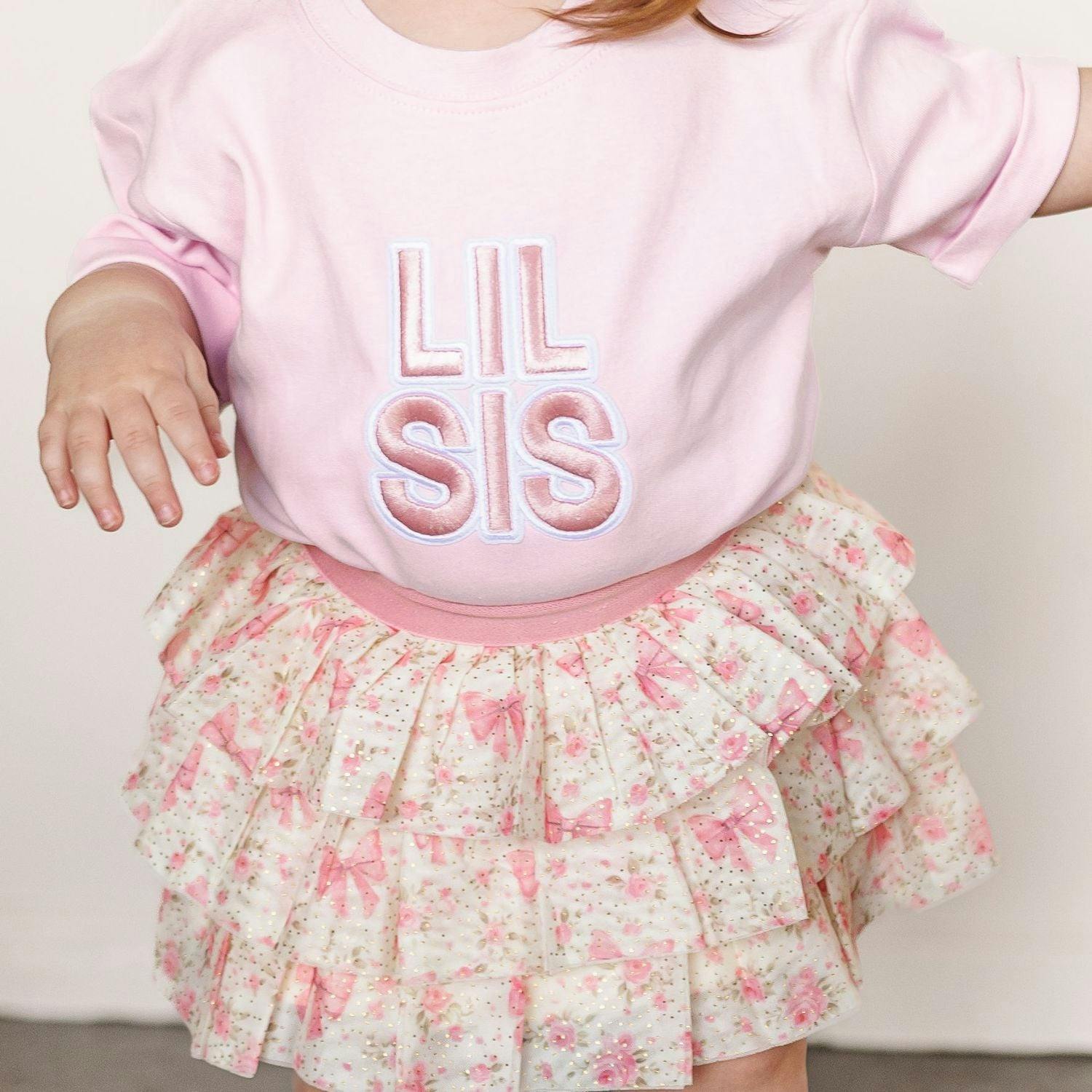 Lil Sis Embroidered Patch Short Sleeve Romper - Ballet