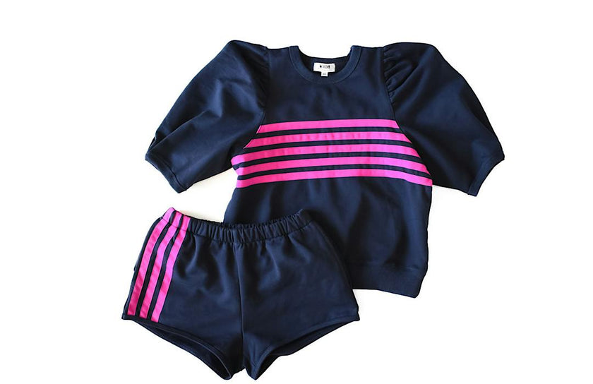 Adult Puff Sleeve Crew Neck in Navy with Magenta Stripes